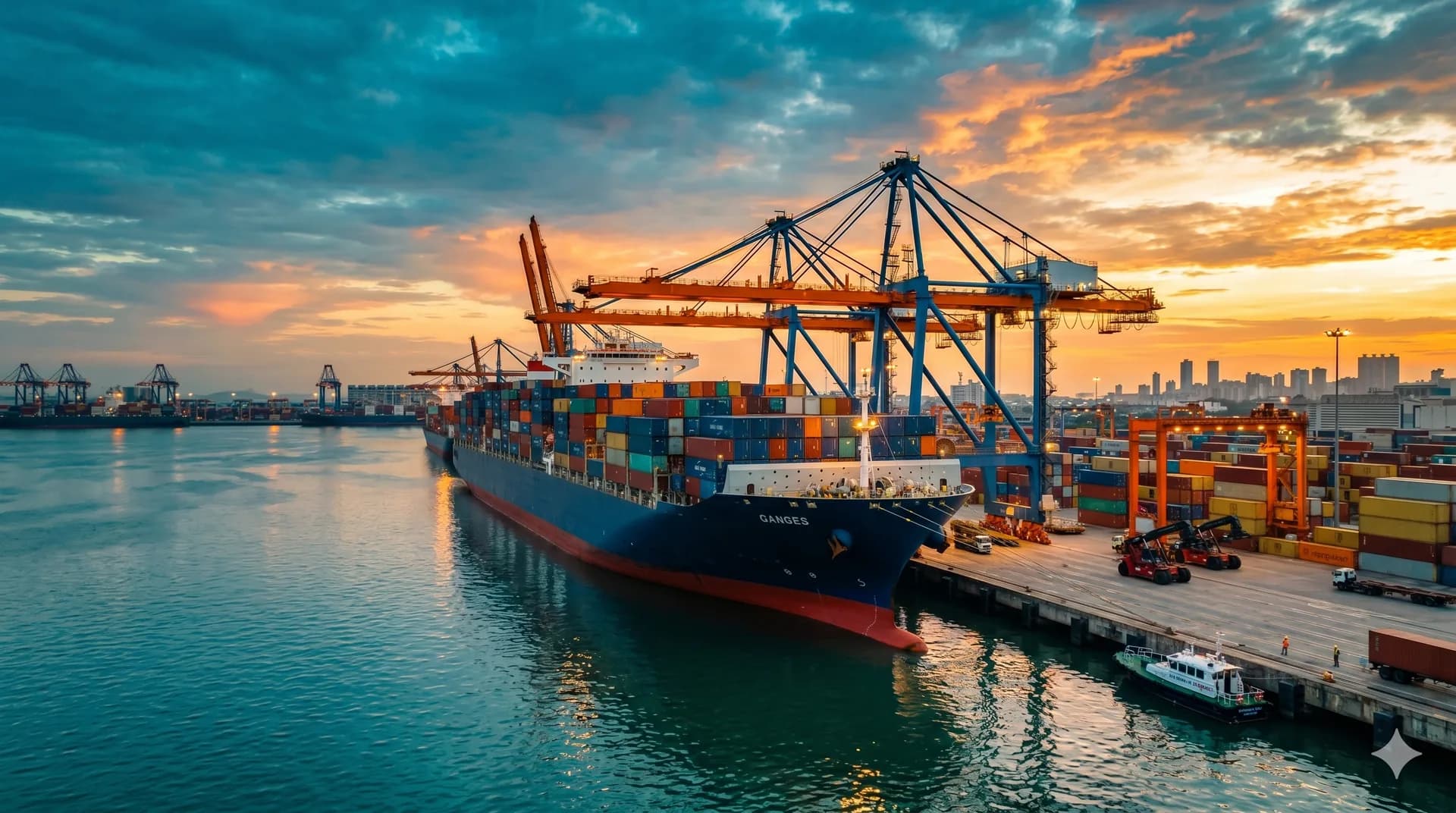 Container ship at port at golden hour
